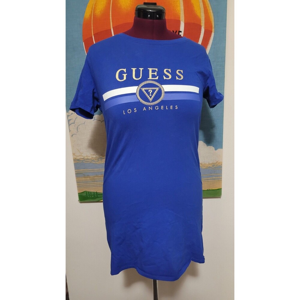 Guess Los Angeles Women's Blue Gold Lettering T-Shirt Dress Sz M Stretch